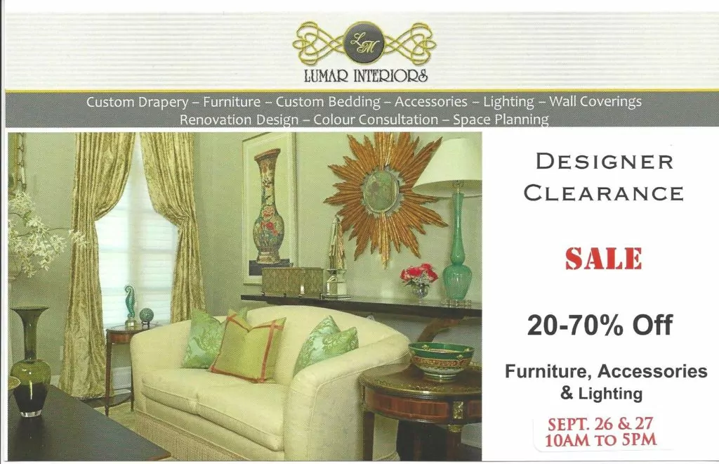 Lumar Interiors Designer Inventory Clearance sale